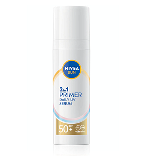 NIVEA SUN  Daily UV Serum podkladová báze 2 v 1 SPF 50+  Dostupnost: Notino  Cena: 299 Kč