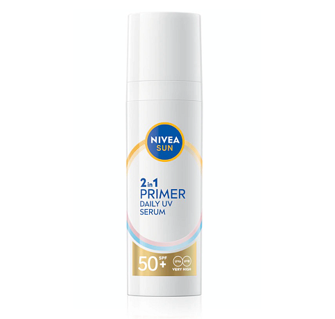 NIVEA SUN  Daily UV Serum podkladová báze 2 v 1 SPF 50+  Dostupnost: Notino  Cena: 299 Kč