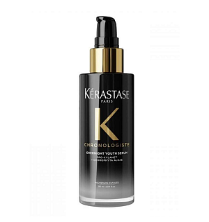 KÉRASTASE Chronologiste Overnight Youth Serum (noční omlazující bezoplachové sérum pro hloubkovou regeneraci, eliminaci krepatění a obnovu objemu během spánku) Dostupnost: Notino, specializované e-shopy a kadeřnické salony Cena:  980 Kč (90 ml)